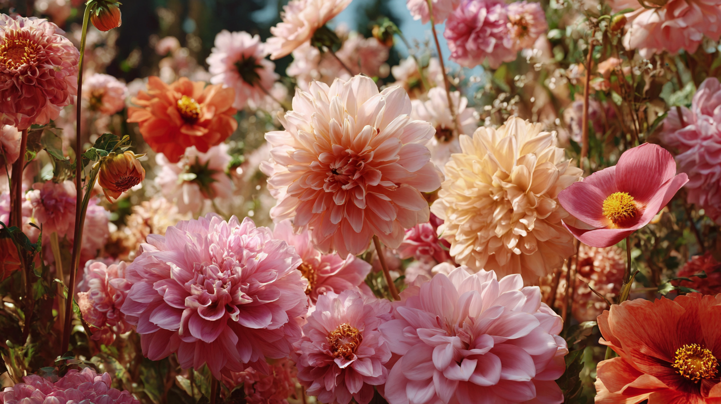 Close-up of a vibrant garden with pink, orange, and yellow flowers.
