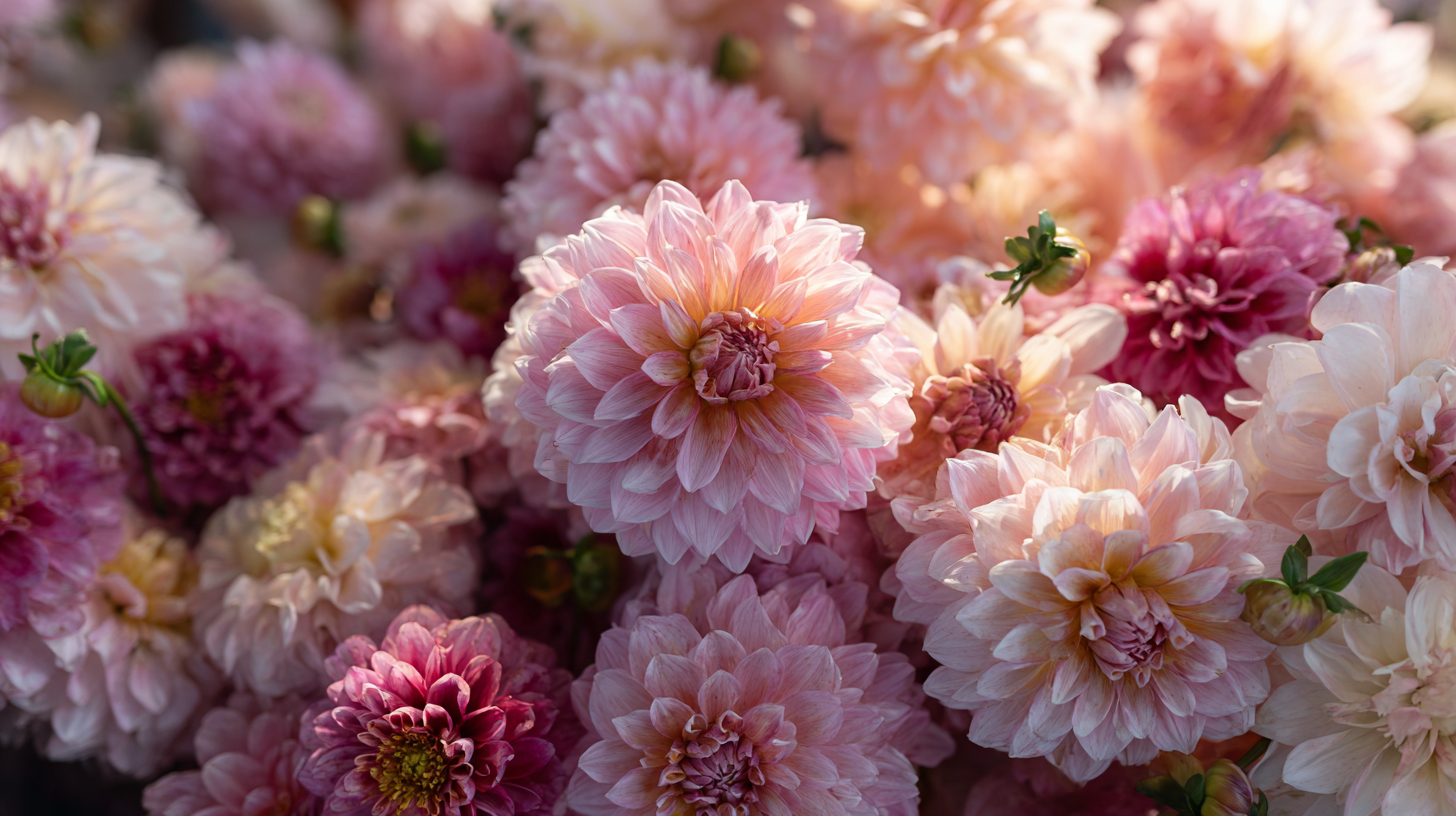 Close-up of pink and white dahlias with a soft focus background