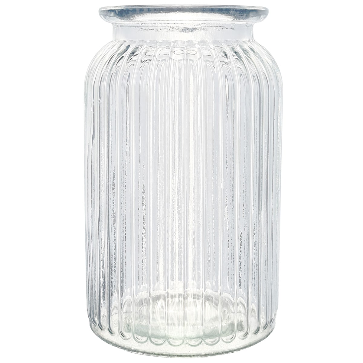 Clear glass vase with ribbed texture on a white background