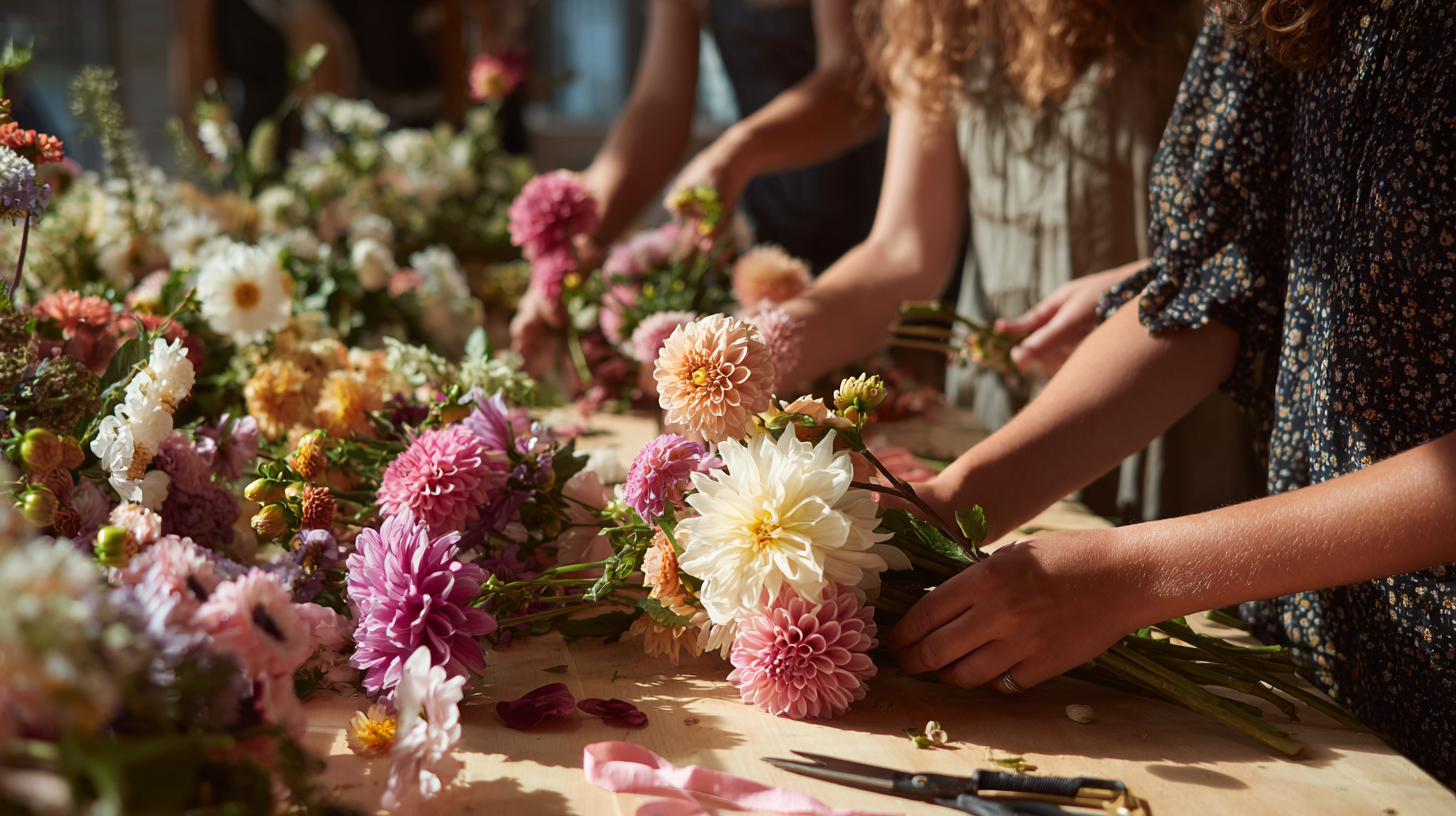 People arranging flowers on a table with a blurred background at a Taylor Made Blooms Workshop.
