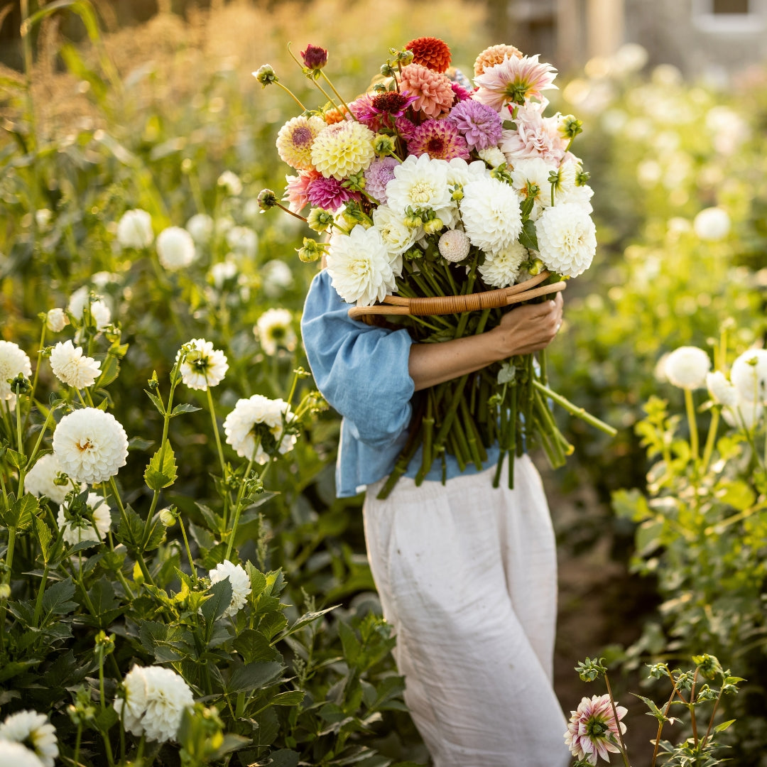 Person holding a bouquet of flowers in a flower farm field by Taylor Made Blooms
