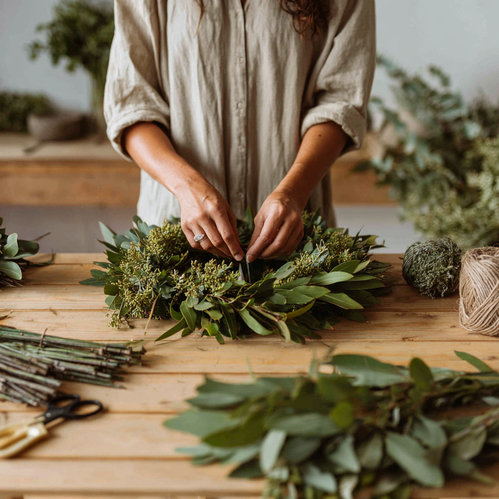 Person crafting a green wreath on a wooden table with various plants and materials.