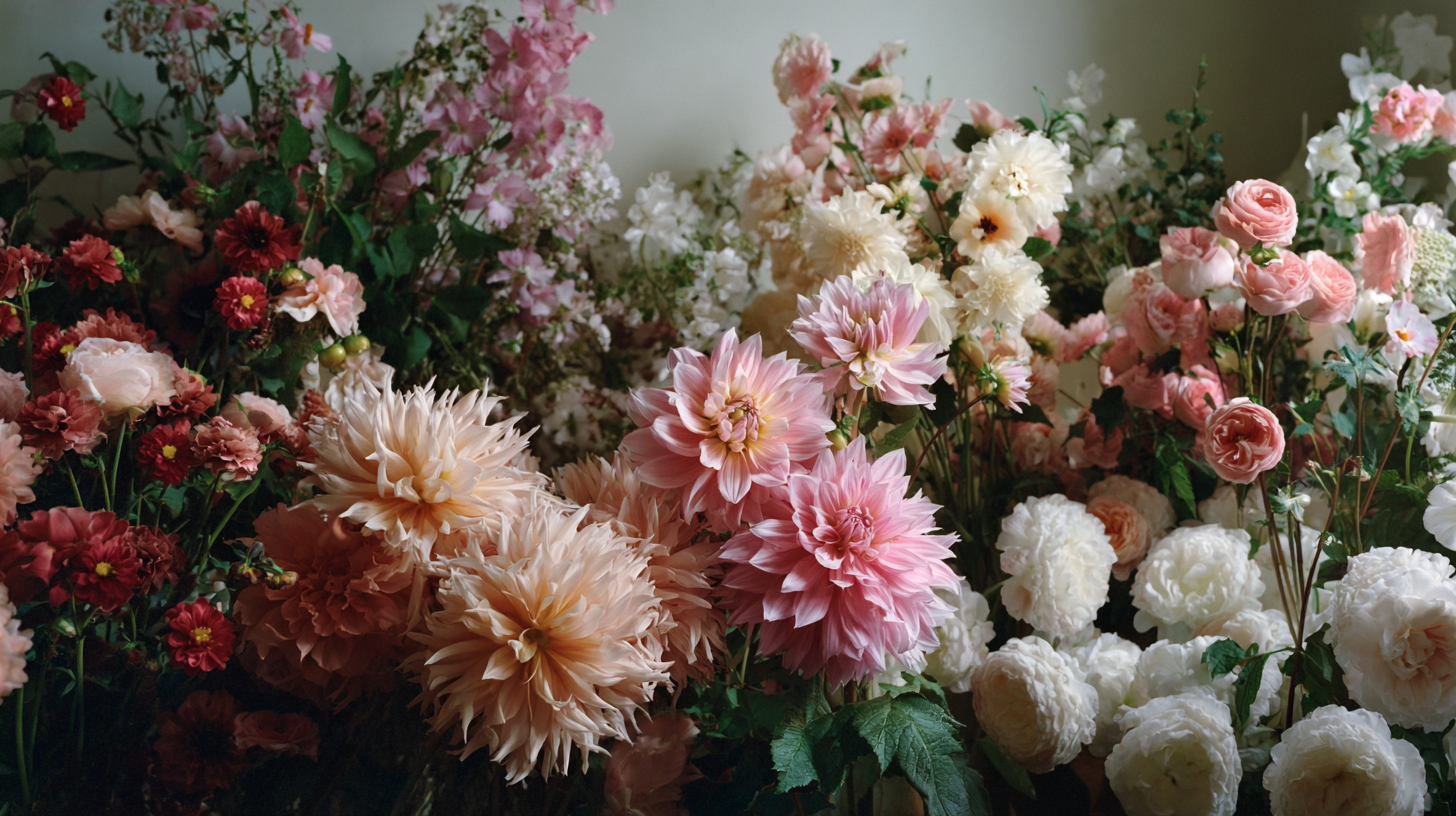 A wide angle image of various flowers including pink, white, and red blooms.
